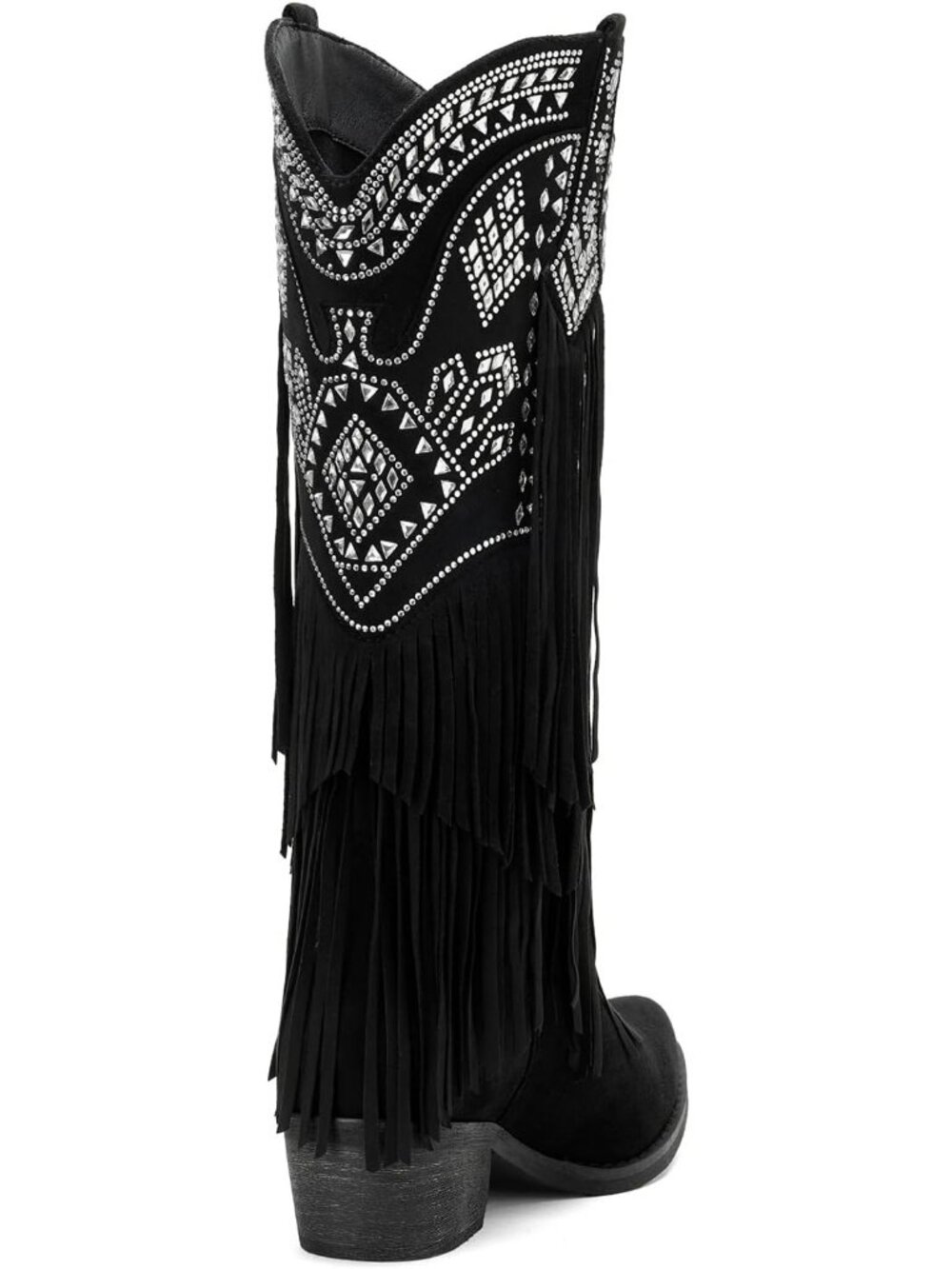 Women's Black Suede Knee High Cowgirl Boot Fringe Rhinestone Western Chunky Heel - Picture 5 of 5